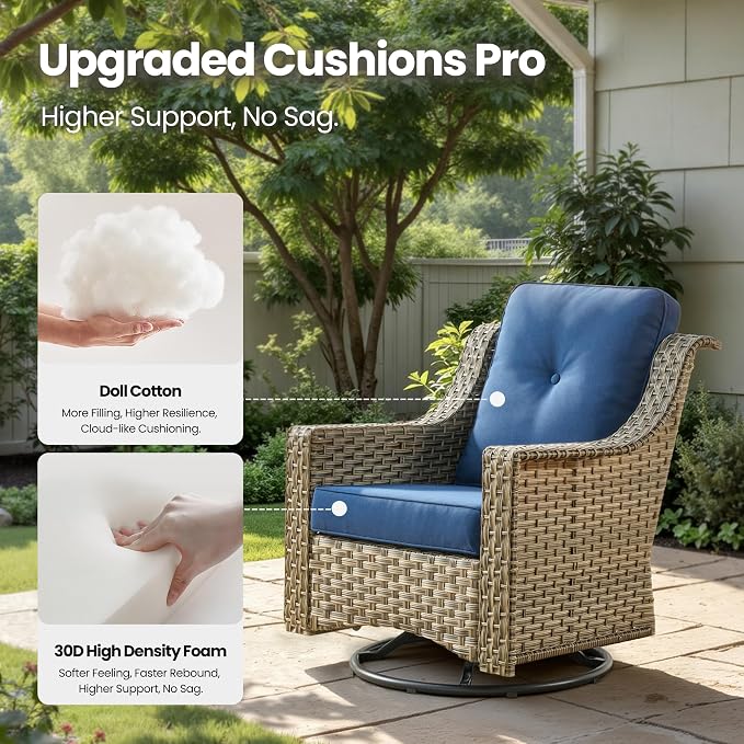 2 Piece Patio Furniture Set, Outdoor Wicker Chairs Set of 2 with Thick Cushion, Heavy Duty High Back Comfortable Chair for Small Balcony Porch Garden, Navy Blue