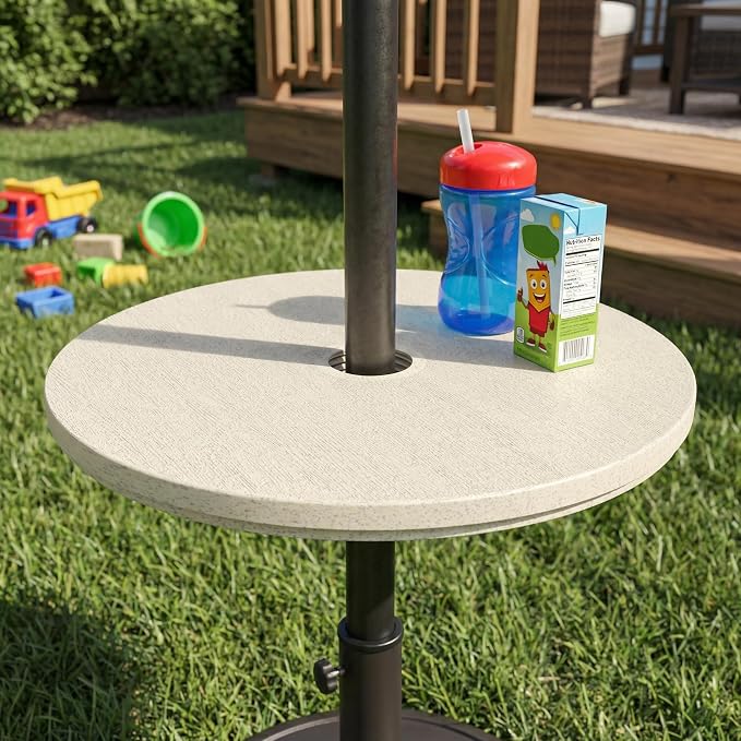 2PCS Umbrella Table Tray, Small Outdoor Sand Table with 1.6 Inch Umbrella Hole, 14.8 Inch Umbrella Tray, Portable Tabletop for Beach, Backyard, Pool, Beige