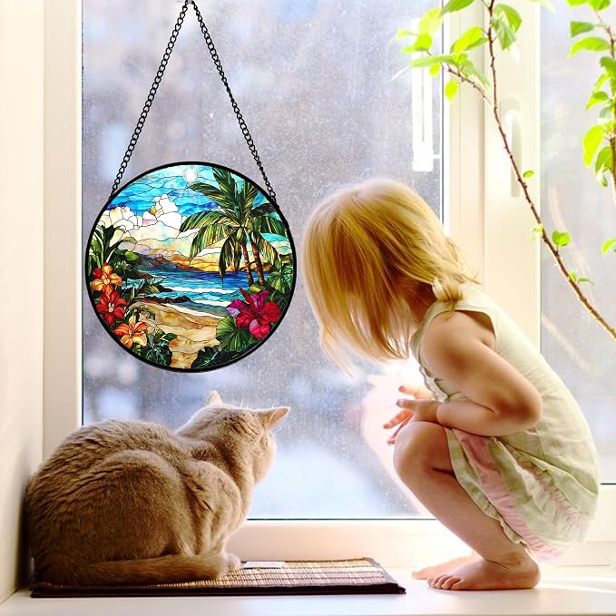 DASTOLL Stained Glass Window Hanging, Blue Beach Scenery Suncatcher Diamond Glass Panel Hangings Sun Catchers Decor for Birthday for Women, Men, Wife, Aunt, and Mom 6.3 in