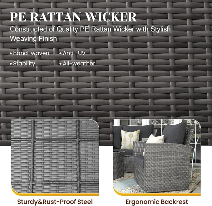 FansaFurn 4-Piece Outdoor Patio Furniture Set, All Weather Wicker Rattan Sectional Sofa Conversation Seating Set with Cushions & Large Glass Coffee Table, Ideal for Garden Backyard Porch, Dark Grey