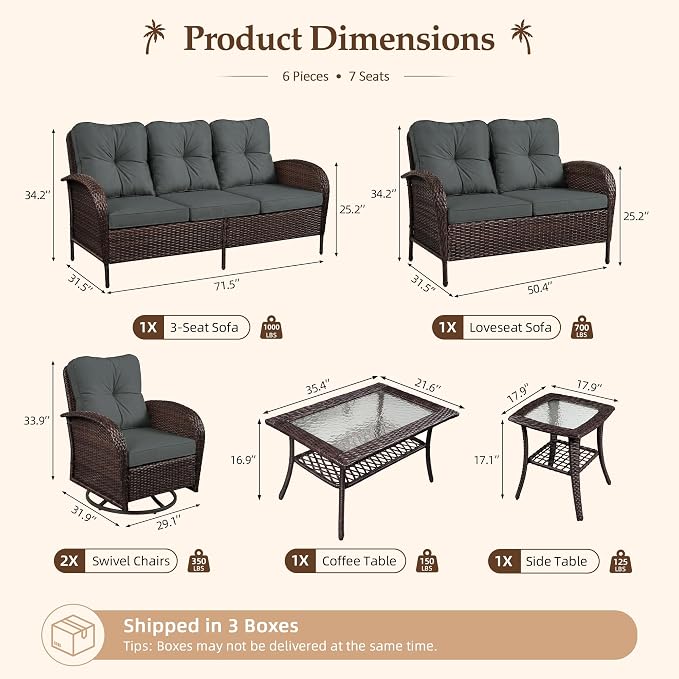 UPHA 6 Pieces Patio Furniture Sets, Wicker Outdoor Sofa Set with Loveseat & 3-Seat Couch, Swivel Chairs, Patio Conversation Set for Deck Backyard Garden, Brown Rattan, Gray Cushion