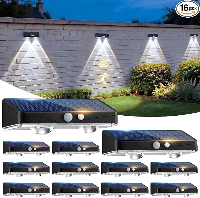 kolpop 16 Pack Solar Fence Lights Outdoor with 3 Modes Motion Sensor,IP65 Waterproof Fence Lights Solar Powered,1200mAh 60LM Bright LED Solar Lights for Fence,Patio,Backyard,Wall,Garden(Cool White)