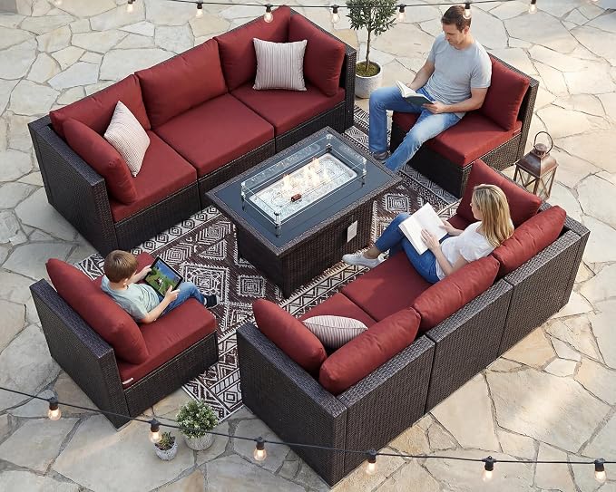 BULEXYARD 9 Pcs High Back Outdoor Sectional Set with Firepit Table, Modern Luxury Patio Furniture Seating Set, Oversized Wide Deep Modular 8-Seater Couch Sofa for Backyard, Brown Wicker & Red Cushion