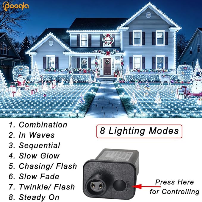 Pooqla Cool White Net Lights, 34.5X 5ft Christmas Lights Outdoor Clear Wire | 610 LED Large Net Mesh Lights Plug in, 8 Modes Waterproof Connectable Bushes Lights for Christmas Hedge Yard Decor