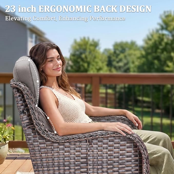 Luxury Swivel Rocker Chairs Fire Pit Table Set with 6" Thick Cushion 5 piece Wicker Outdoor Patio Chair with Sofa,Comfortable High Back Outdoor Patio Furniture Set - Brown | Gery