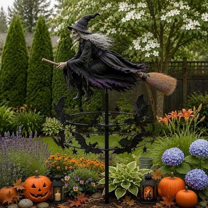 The Enchanted Witch Garden Wind Spinner, Metal Halloween Yard Art Outdoor Decor, Outdoor Garden Stake Decoration, Halloween Lawn Ornament, for Garden Patio Pathway Fall Decorations (1PCS)