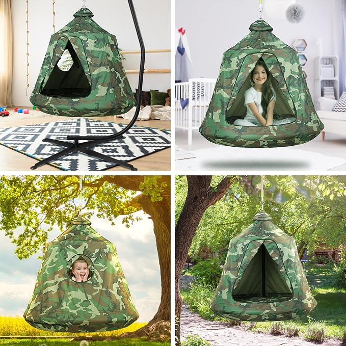 Hanging Tree Tent for Kid, Indoor Outdoor Hanging Tent, Waterproof Tree Ceiling Pod, Portable Hang Out Huggle Pod Play Tents w/Rainbow Lights String, Inflatable Base, 45" H x 44" W 330lbs