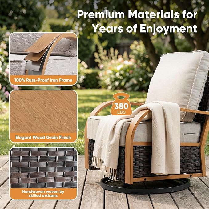 Belord 5 Piece Outdoor Patio Furniture Set with 6-Inch Thick Cushions, Outdoor Swivel Rocker Chairs with Patio Couch and Ottomans, 3 Seater Wicker Sofa for Deck Proch Balcony Yard, Wood & Beige
