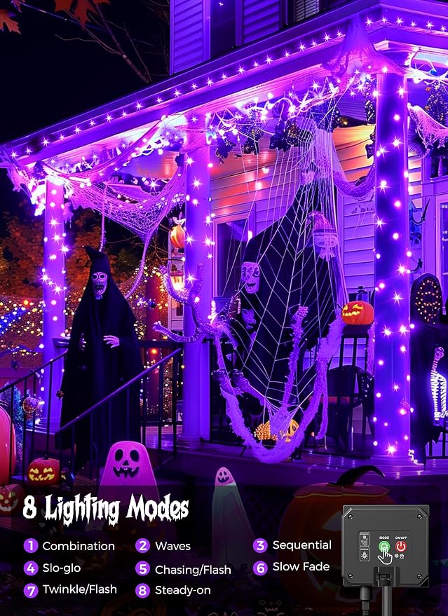 Minetom Solar Halloween Lights Outdoor, 40FT 100 LED Halloween String Light | Halloween Decoration Outdoor with 8 Modes, Black Wire, Waterproof Solar String Lights for Outside Tree Yard Party, Purple