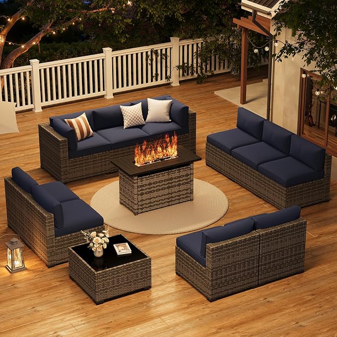 LazySunsets 12-Piece Patio Furniture Set with 44" Fire Pit Table, Wicker Outdoor Furniture, Patio Conversation Sets with Coffee Table, Outdoor Sectional Couch, Blue