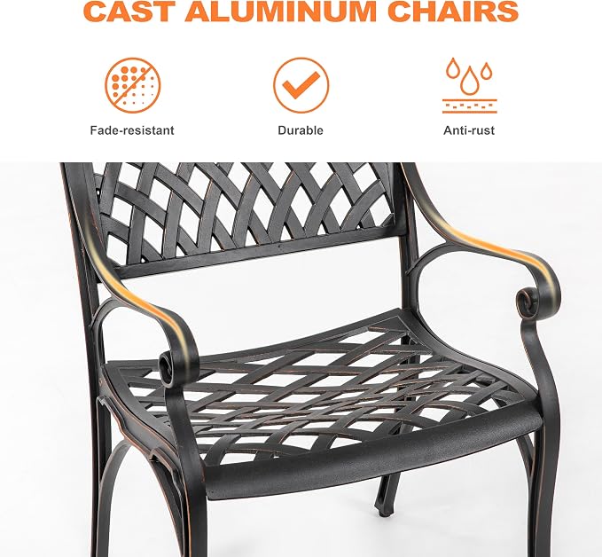 NUU GARDEN 5 Piece Outdoor Patio Dining Set, Cast Aluminum Round Dining Table with Umbrella Hole and Patio Dining Chairs for Patio, Garden, Backyard, Balcony, Black with Bronze Edge