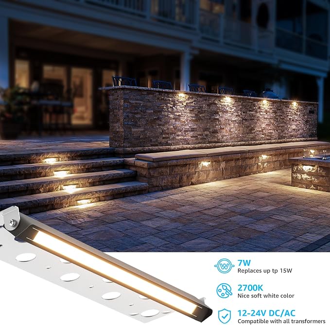 SUNVIE 12 Inch LED Hardscape Lighting 2700K Soft White Retaining Wall Lights 7W LED Landscape Lighting 12-24V Low Voltage Step Lights Outdoor with Connectors Waterproof Hardscape Paver Light, 12 Pack