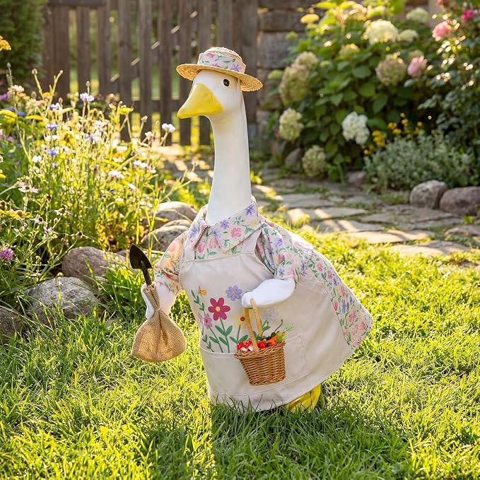 Floral Garden Porch Goose Outfits 23 Inch Geese Statue Costume with Hat Basket Shovel Goose Clothes for Spring Outdoor Garden Lawn Patio Decor
