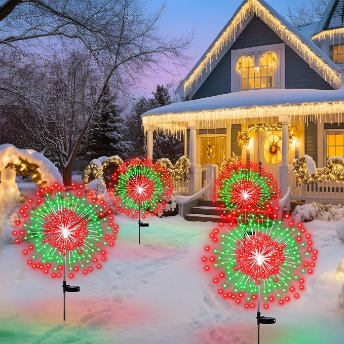 Tujoe 4 Pack Christmas Outdoor Garden Decoration Solar Firework Light Decor | Solar Firework Lights, 180 LED, 8 Lighting Modes, 32" to 51" Height, Outdoor Garden Yard Pathway Paty Decoration, Red, Green