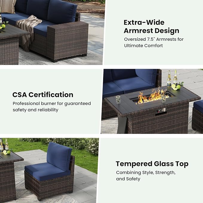 Soohow 7-Piece Patio Furniture Set with 44" Fire Pit Table, Outdoor Sectional Wicker Rattan Conversation Set for Garden, Porch, Backyard - Navy Blue Cushions