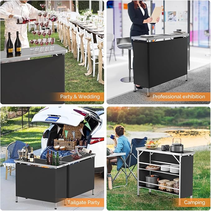 VINGLI 43" Portable Bar Table, 3-Tier Shelves, Carry Bag，Mobile Bar Table for Events, Party, Camping, Picnic, Tradeshow, Outdoor & Indoor with Black Skirt(2, 43") (2) (Black-2P, 43")
