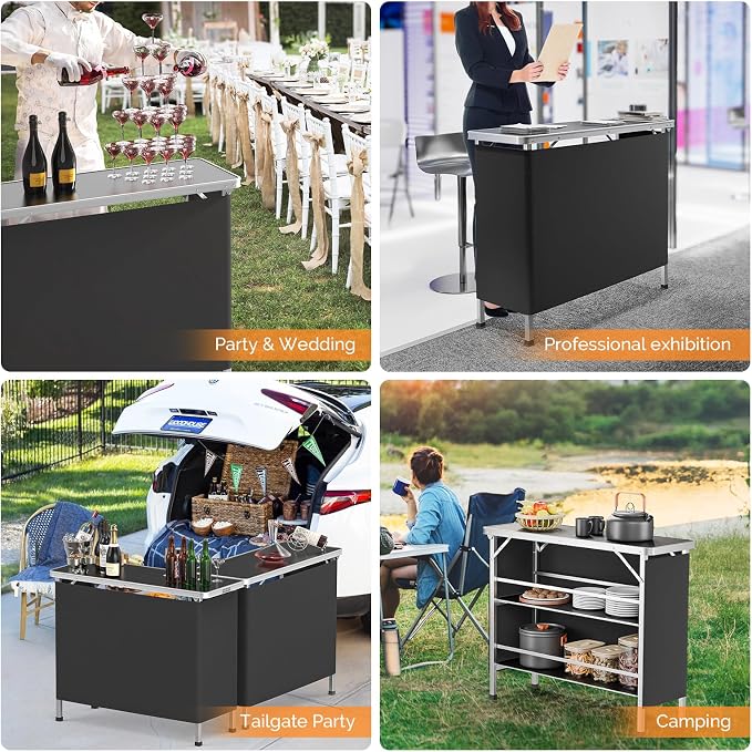 VINGLI 43" Portable Bar Table, 3-Tier Shelves, Carry Bag，Mobile Bar Table for Events, Party, Camping, Picnic, Tradeshow, Outdoor & Indoor with Black Skirt(2, 43") (2) (Black-1P, 43")