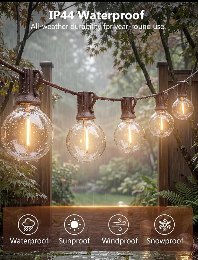 25FT LED G40 Outdoor String Lights with 25 Shatterproof Bulbs, Brown Wire | Waterproof Patio Globe Lights, Connectable Dimmable Outdoor Hanging Lights for Backyard Porch Garden Deck Bistro, Warm White