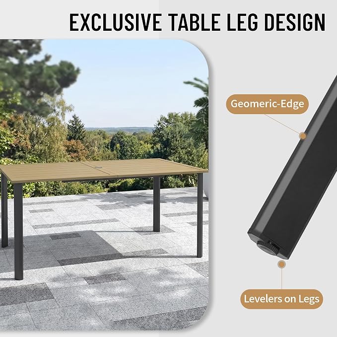 Anmutig Outdoor Patio Table for 6 Person, Patio Dining Rectangle Table with 1.57" Umbrella Hole for Garden Lawn Backyard Parties, Black Metal Frame 63" L x 38" W x 29" H Brown