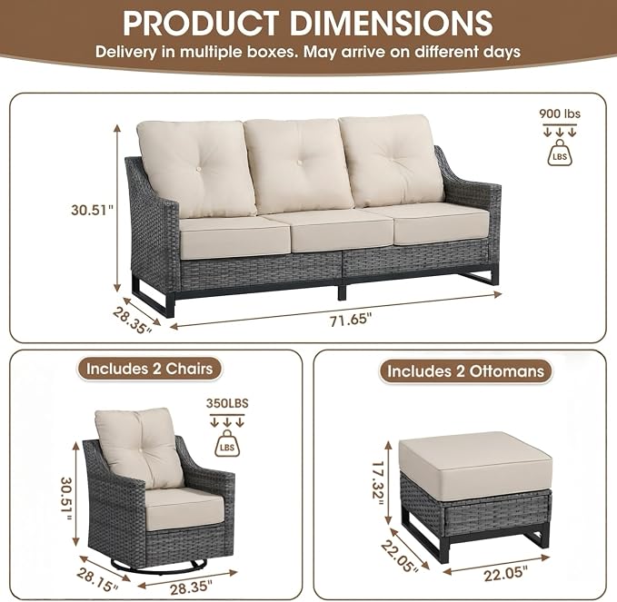 6 Piece Patio Furniture Set, Grey Wicker Outdoor Conversation Set with 2 Swivel Rocker Chairs, 2 Ottomans and 2 Sofas, 6-Inch Thick Cushions, Beige Olefin Covers for Patio and Porch
