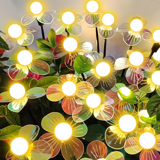 Solar Garden Lights Flowers 4 Pack of 24 LEDs Swaying Firefly Garden Decor | Swaying Flowers Solar Lights Outdoor for Yard Pathway Patio, Swaying Lawn Decor as Gardening Gifts for Women Christmas decor