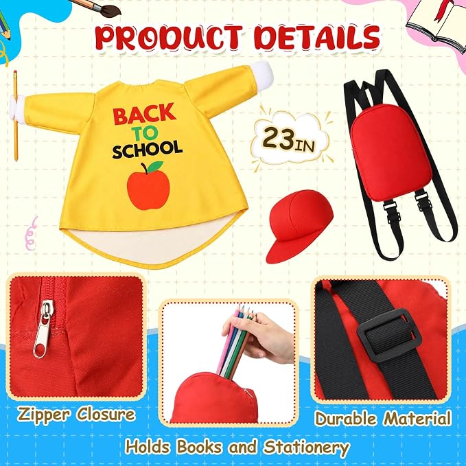 Back to School Porch Goose Outfit Bright Print Goose Costume with Red Cap & Backpack for 23" Gooses Statue First Day of School Decoration Patio Yard Garden Lawn Outdoor Decors
