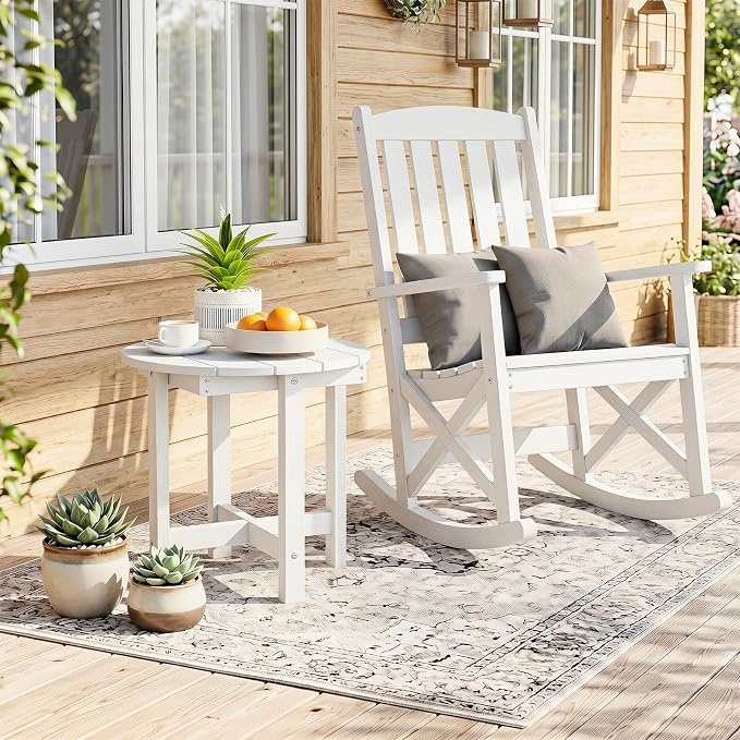Tangkula Round Outdoor Side Table Set of 2, Adirondack Side Table with Weather-Resistant, Waterproof Top, Small Outside End Table for Patio Deck Pool Porch, Easy Maintenance (White,2)