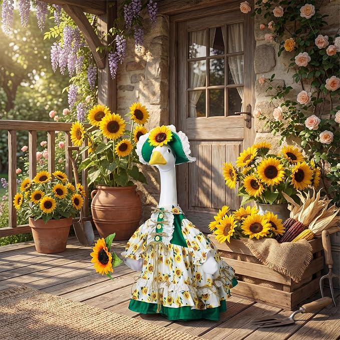 Soulchen 1 Set Sunflower Porch Goose Outfit 23 Inch Summer Cement Goose Clothes Dress and Hat Costume Set for Summer Fall Outdoor Holiday Garden Yard Decor