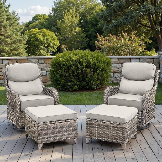 Swivel Patio Chairs sofa Set of 4 with 6" Thick Cushion - Wicker Outdoor Swivel Rocker Patio Chair with Side Table, High Back Comfortable Outdoor Glider Chairs - Grey Wicker | Beige Cushions