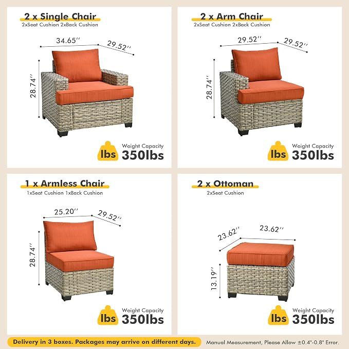 7 Pcs Outdoor Sectional Patio Furniture Set with Ottomans - All Weather Wicker Modular L Shaped Outside Sectional Couch,Patio Seating Outdoor Conversation Sets for Deck Yard Garden,Orange Red
