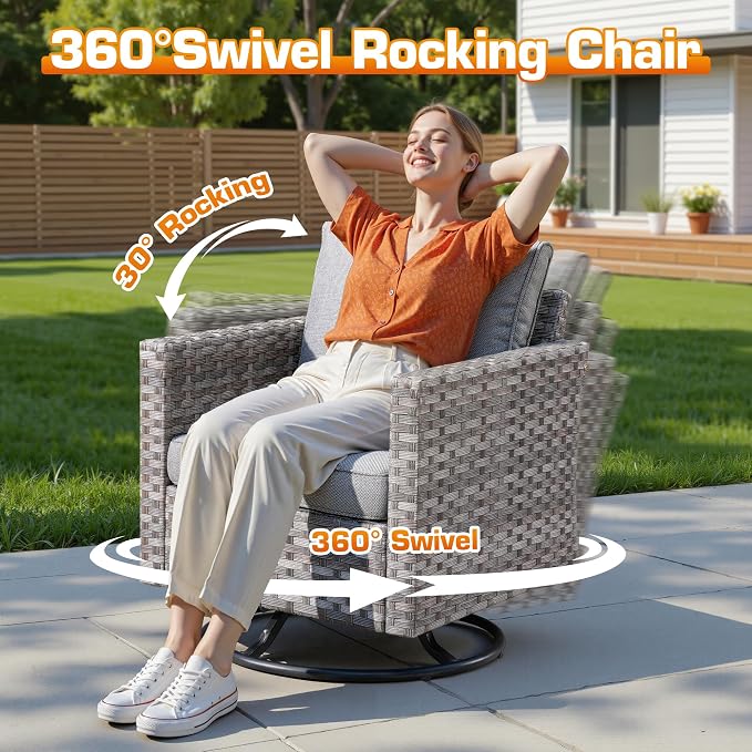 9-Piece Patio Furniture Set, Outdoor Wicker Furniture Sectional Set with Coffee Table, High Back Swivel Rocker Patio Chair, Modern Rattan Outdoor Conversation Set for Porch, Balcony, Garden, Dark Gray