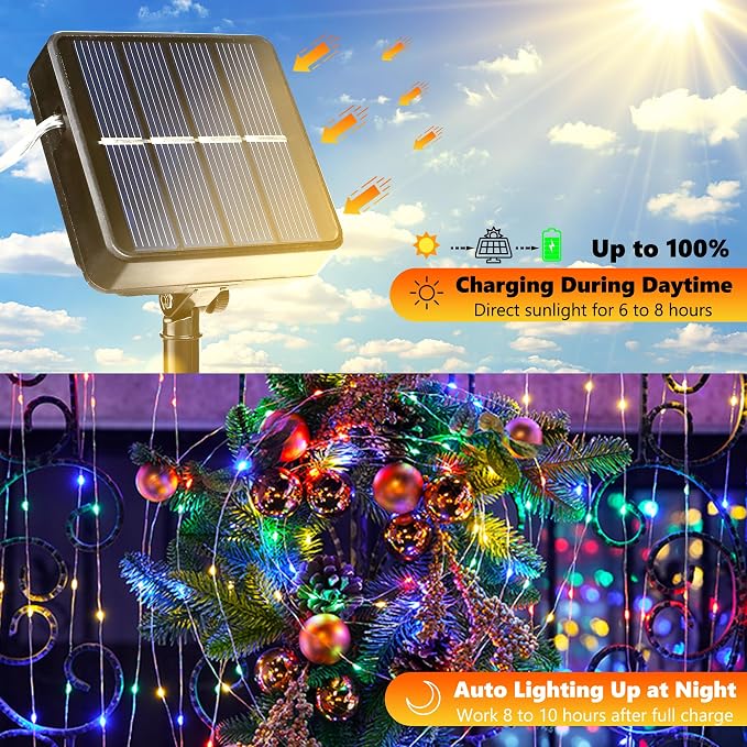 Joomer Solar Fairy Lights, 2-Pack Total 80FT 240LED Lights, Multicolor | Silver Wire, Solar String Light Waterproof 8 Lighting Modes for Patio Fence Party Garden Yard Home Outdoor Decoration