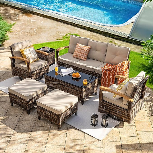 MEISSALIVVE 7 Pieces Patio Furniture Sets,PE Wicker Outdoor Furniture Conversation Sets with 2 Wood Armrests Swivel Rocker Chairs, 2 Ottoman, 3-seat Sofa and Coffee Table(Beige)