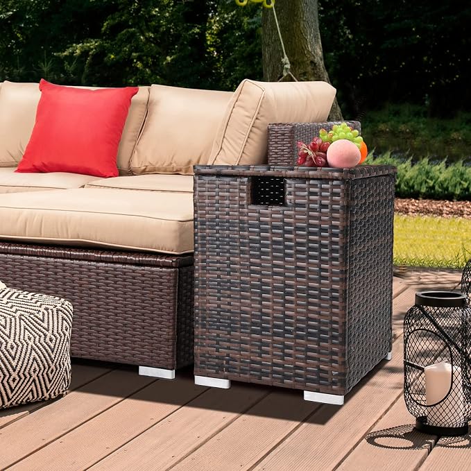 Zimtown 61L Outdoor Rattan Side Table with Gas Bottle Storage - Wicker Patio Garden Furniture for Outdoor Use,for Backyard or Patio