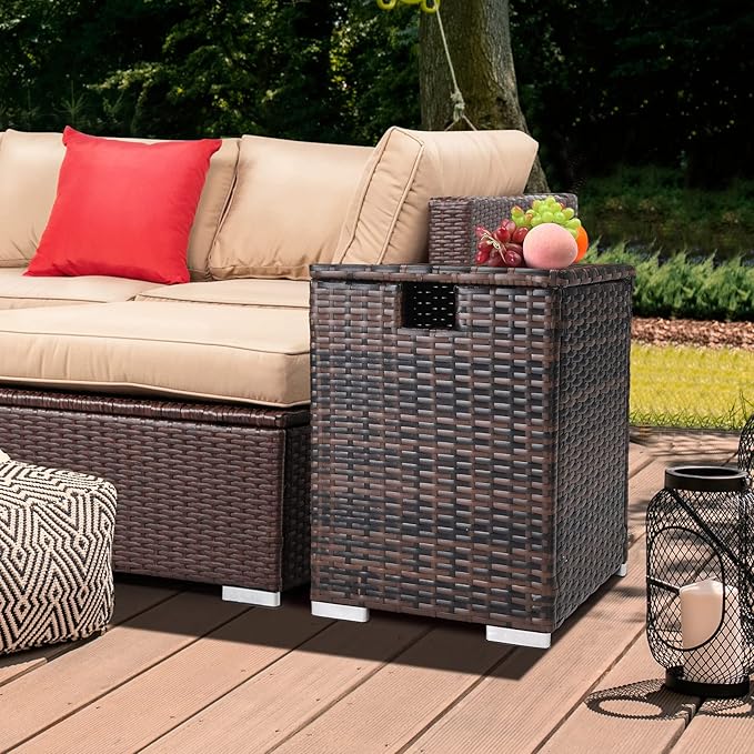 16 Gallon Patio Rattan Wicker Side Tables,All-Weather Outdoor Storage Box,Waterproof Patio Coffee Side Table,Outside Storage Coffee Tables,with Lid,for Garden Porch Poolside Deck Backyard (Brown)