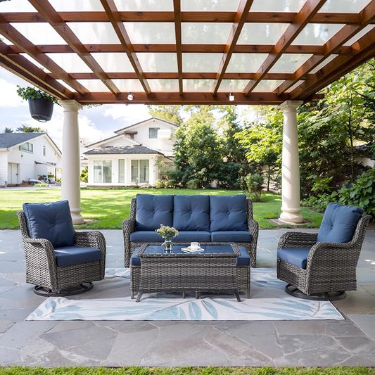 Belord Wicker Outdoor Furniture Patio Furniture Set - 6 Piece Patio Conversation Set with Swivel Rocker Chairs, Rattan Sofa, Ottomans and Coffee Table, Blue Cushion