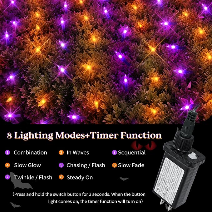 120LED Halloween Net Lights Outdoor, 5ft x 6ft Connectable Mesh Lights, 8 Modes 3.5V Low Voltage Waterproof Bush Lights for Trees, Bushes, Wedding, Party Decor (Orange/Purple, 1Pack)