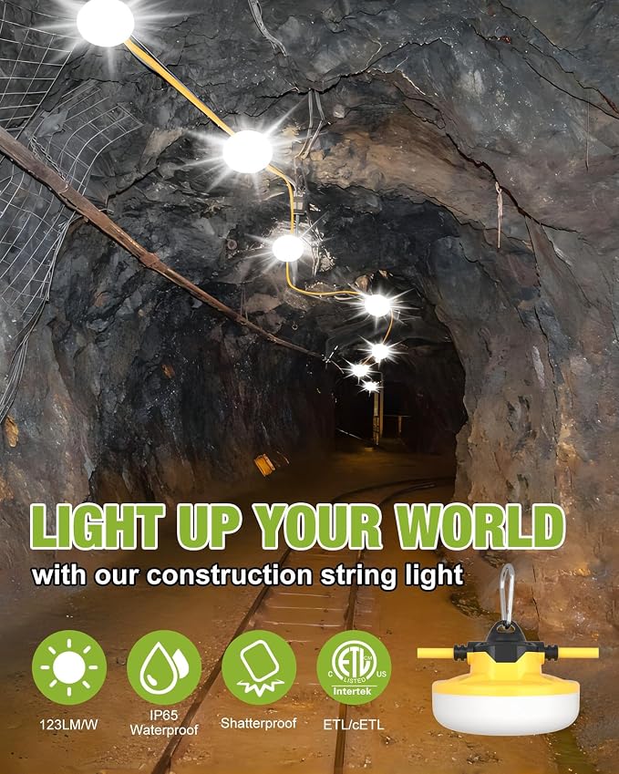 100FT Construction String Lights 3Prong Temp Lighting,130W 16000LM Industrial String Work Lights, IP65 Waterproof 18AWG Wire 5000K Super Bright for Jobsites Temporary Outdoor & Crawl Space Lighting