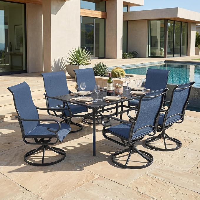 NUU GARDEN 7-Piece Outdoor Dining Set, Outdoor Table and Chair Set with Umbrella Hole, Padded Textilene Dining Table Set, All Weather Outdoor Table and Chairs for 6, Swivel Design, Blue