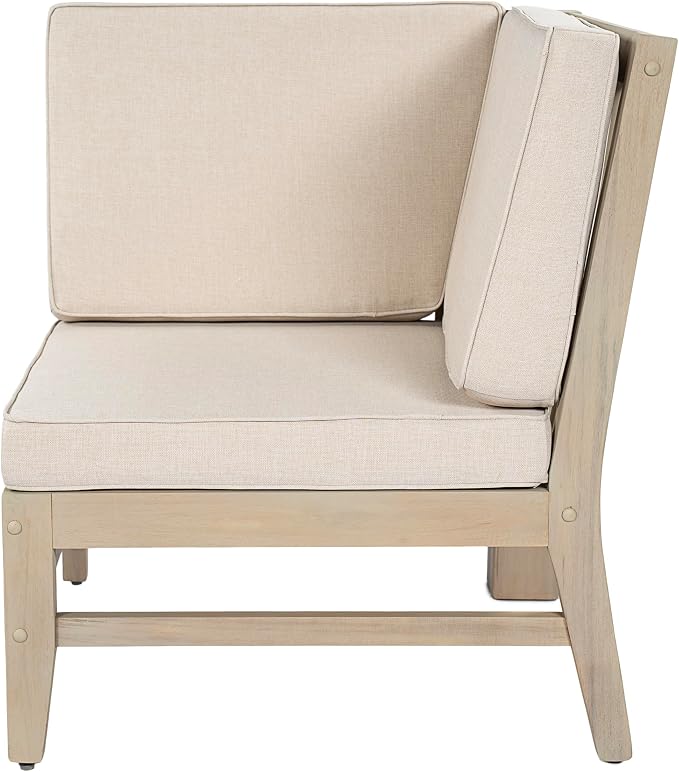 Christopher Knight Home Hugo Acacia Wood Outdoor Patio Furniture Set for 5, V-Shape Patio Sectional Sofa Set with Cushions and Slat Coffee Table, Modern Patio Conversation Set, Light White+Sand