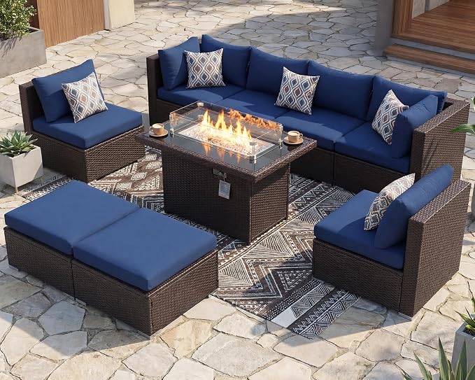 BULEXYARD 9 Piece Highback Patio Furniture Set with Fire Pit Table, Modern Modular Outdoor Sectional Couch Sofa with Ottoman, XL 8-Person Backyard Seating for Outside, Brown Wicker & Navy Blue Cushion
