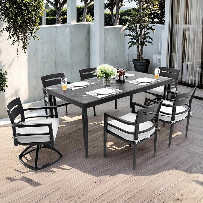 7PC Aluminum Outdoor Patio Dining Set, 71" Rectangular Dining Table with Black Marble Sintered Stone Top, 4 Chairs & 2 Cushioned Swivel Rockers, All-Weather Patio Furniture