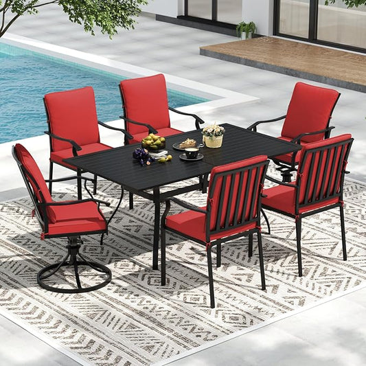 7 Piece Outdoor Patio Dining Set, 62’’ Rectangular Metal Dining Table with Umbrella Hole & 4pcs Outdoor Metal Dining Chairs & 2pcs Patio Swivel Rocking Chairs , Outdoor Furniture Dining Set for Patio