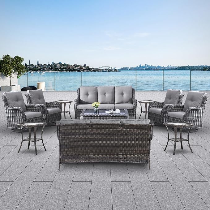 Belord 13 Piece Wicker Patio Furniture Set, Outdoor Swivel Rocker Chairs Set of 4 with Ottomans and Rattan Couch, All Weather Patio Conversation Furniture Set, for Pool,Yard Gray Wicker/Gray