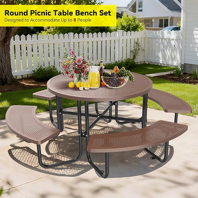 46'' Round Metal Picnic Table with 1.78" Umbrella Hole, Heavy-Duty Stainless Steel Mesh Top Outdoor Table, Rust Resistant Weatherproof Patio Dining Table, For Backyard, Garden & Picnic, Coffee