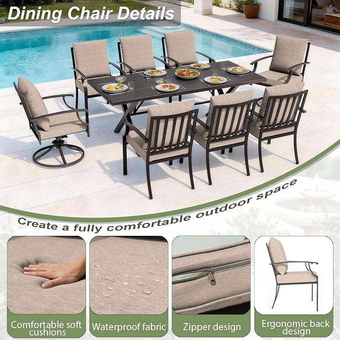 8 Pieces Patio Dining Set with Brown Umbrella,Outdoor Furniture Set Includes Hole Cut-Out Table and 4 Metal Backrest Chairs and 2 Swivel Chairs for Backyard,Garden,Poolside,Brown