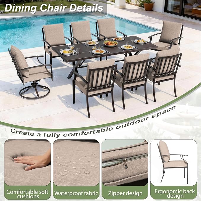 10 Piece Outdoor Dining Set for 8, Patio Table and Chairs Set with Umbrella, Metal Patio Furniture Set with 2 Swivel Chairs, Outdoor Table and Chairs with Cushions for Lawn, Garden, Yard-Sand
