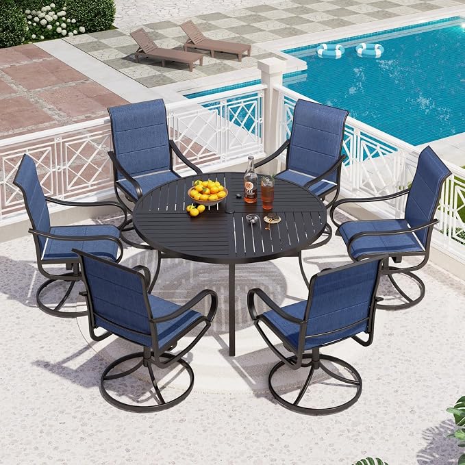 PHI VILLA Round Outdoor Dining Set for 6 with Swivel Chairs, Navy Blue | High back padded chairs，All weather reistant, Metal table, Umbrella hole, 7 piece, Patio deck backyard