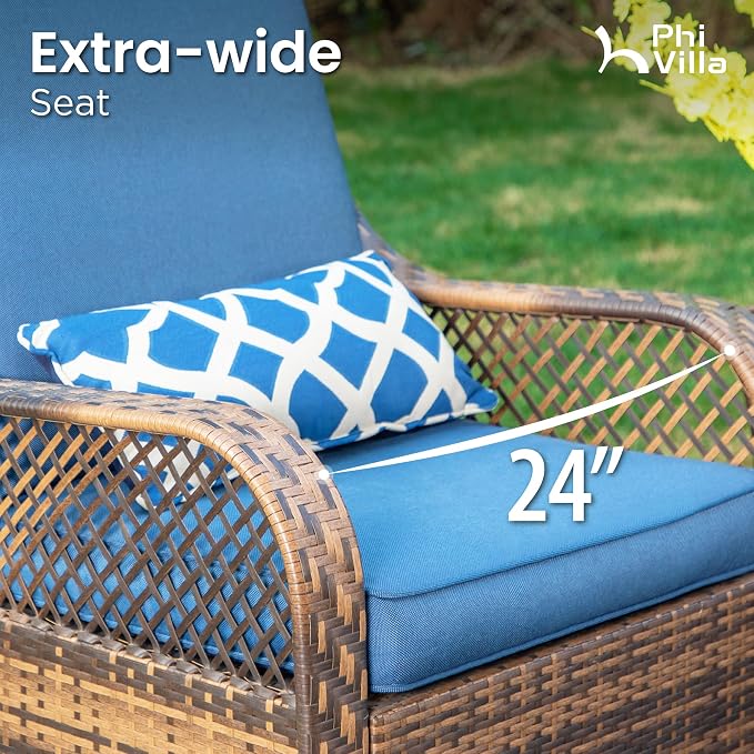 PHI VILLA Oversized Outdoor Wicker Patio Furniture Set 3 Piece, 2 Rattan Swivel Rocker Patio Chairs Large Oversized Deep Seating Group with Navy Blue Cushions & Side Table