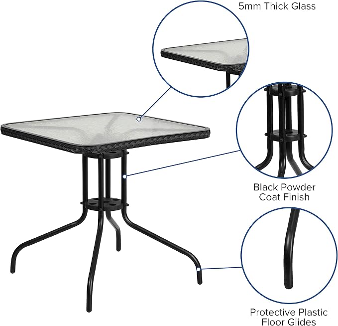 EMMA + OLIVER 28" Square Tempered Glass Metal Table with Black Rattan Edge